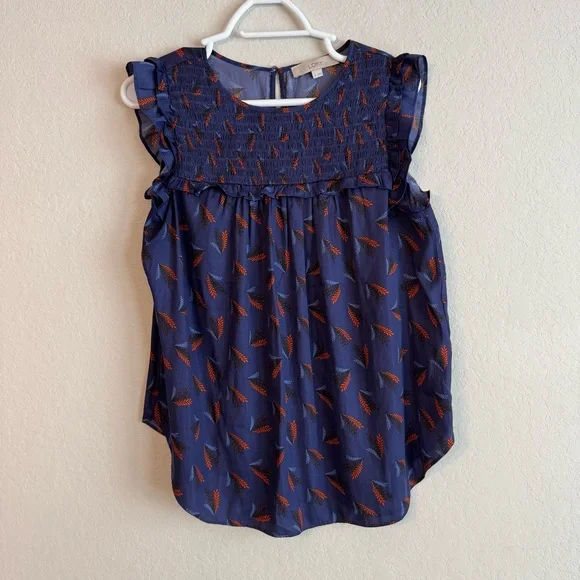 LOFT Flutter Short Sleeve Feather Blue and Orange Blouse Medium - Picture 1 of 4